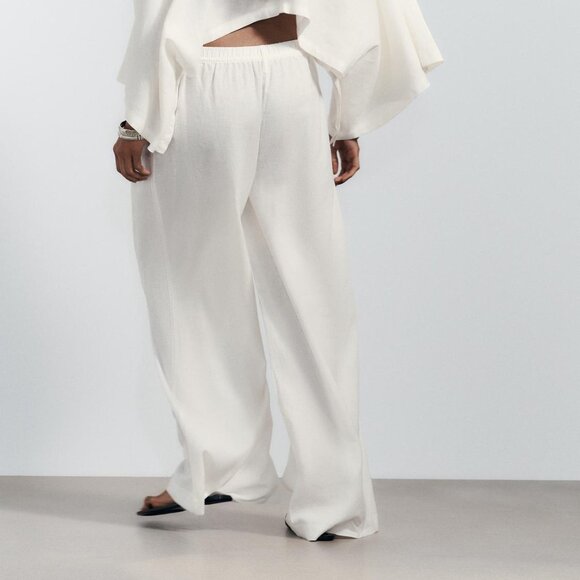 NWT ZARA LINEN PALAZZO PANTS OYSTER-WHITE - Picture 4 of 6